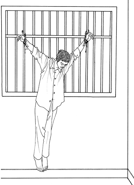 中共酷刑示意圖：吊銬（上大掛）（明慧網）