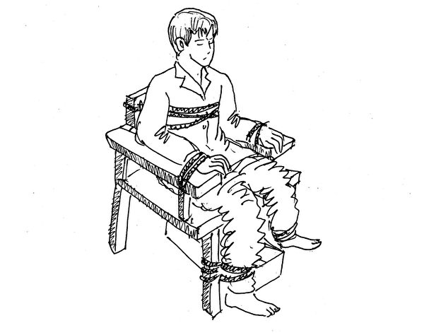 酷刑演示：被綁在椅子上 （明慧網）