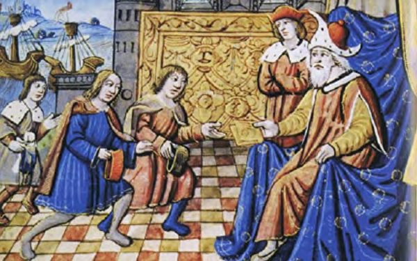 忽必烈接見馬可波羅，中世紀晚期，無名畫家。（維基百科公共領域）
