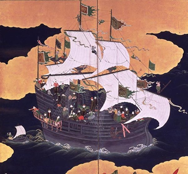 公元17世纪在日本长崎海域航行的葡萄牙克拉克帆船。（公共领域）