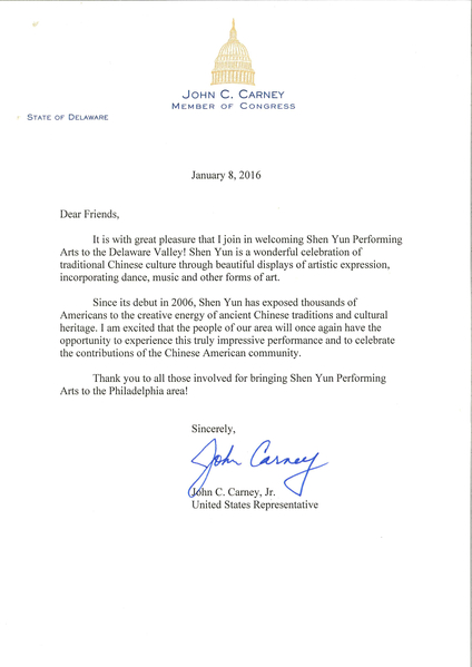 德拉华州美国国会众议员约翰．卡尼（John C. Carney）发贺信欢迎神韵艺术团赴大费城地区演出。（大纪元图片）