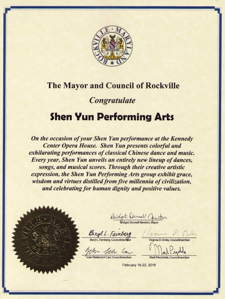 洛克維爾市長紐頓（Bridget Donnell Newton）及市議會議員范伯格（Beryl L Feinberg）、昂莉（Virginia D Onley）、卡爾（Julie Palakovich Carr）、皮爾茲查拉（Mark Pierzchala）聯署向神韻藝術團發來賀信。