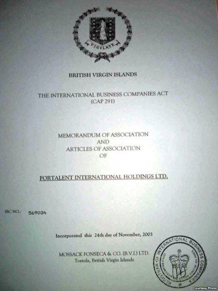 胡德華提供的Fortalent公司註冊文件圖片顯示2003年11月24日的註冊信息。（胡德華提供給美國之音）