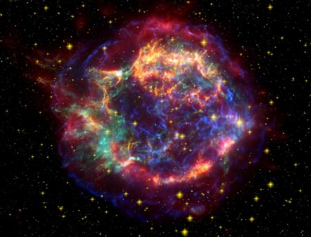 仙后座（Cassiopeia A）超新星的哈勃望远镜和斯皮策望远镜观察合成图。（维基百科） 