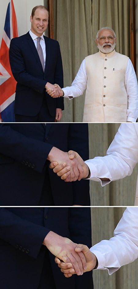 莫迪強而有力的握手把威廉王子的手掌握出了五個清晰的白色指印，結果這組照片在網上瘋傳，引起了人們的熱議。 ( MONEY SHARMA/AFP/Getty Images) 