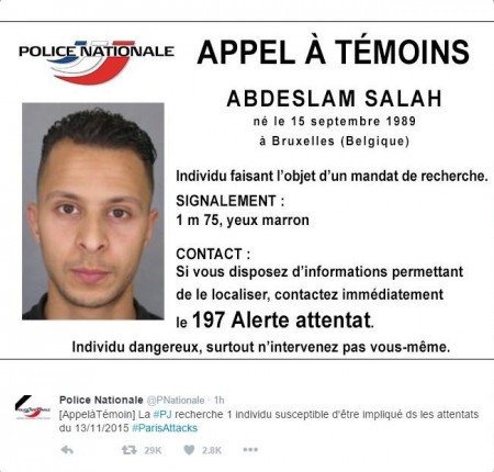 巴黎恐怖襲擊發生後，法國警方曾向主嫌阿布德斯拉姆(Salah Abdeslam)發布通緝通告。阿布德斯拉姆是法國公民，生於比利時。（圖片來源：法國國家警察官方推特）