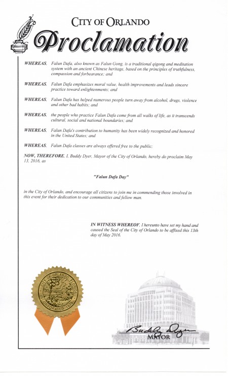 奧蘭多市市長巴迪 代爾（Buddy Dyer）宣布二零一六年五月十三日為奧蘭多市「法輪大法日」 。