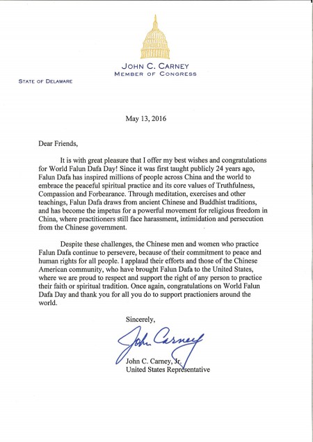 德拉華州美國國會眾議員約翰．卡尼（John Carney）祝賀法輪大法日。
