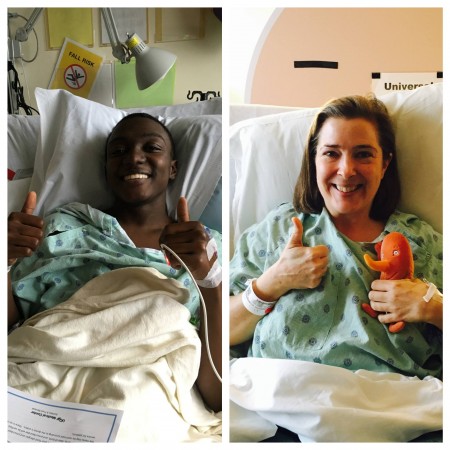 副校長克莉絲婷·布兒（右）選擇自願捐出自己的一顆腎臟給曾經的學生桑德斯（左）。（臉書）