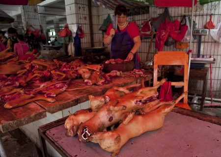 玉林一名屠夫正在斩切狗肉。（STR / AFP）