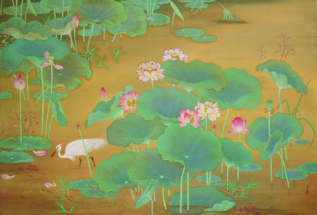 林玉山《蓮池》，1930，膠彩、絹146.4 x 215.2 cm 國立台灣美術館典藏。（國立台灣美術館提供）