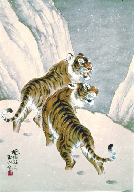 《雪山雙虎》66X46cm，紙本水墨設色 1975（劉墉提供）。劉墉：「林氏獨步國內畫壇的龍虎作品中，看到禪林水墨的意趣和深厚的寫生功夫。」（中華文化總會提供）