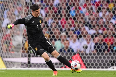 Belgium's goalkeeper Thibaut Courtois kicks the ball during the Euro 2016 round of 16 football match between Hungary and Belgium at the Stadium Municipal in Toulouse on June 26, 2016. / AFP / Attila KISBENEDEK (Photo credit should read ATTILA KISBENEDEK/AFP/Getty Images)