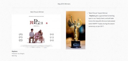 图为导演洪马克短片作品《替生》于“好莱坞国际电影奖”勇夺8大奖。（洪马克提供）