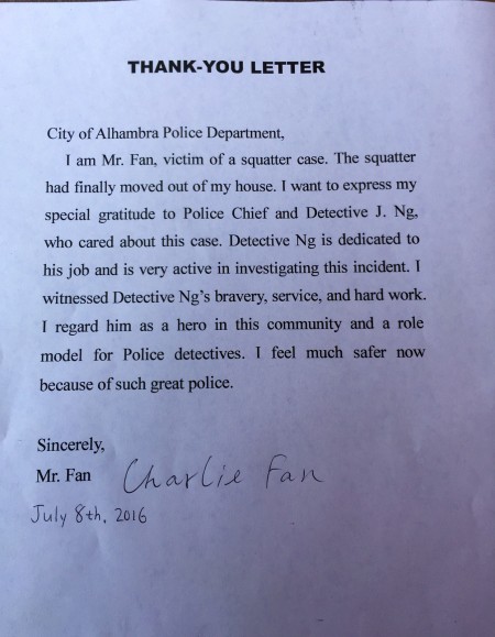 读者范先生给洛杉矶阿罕布拉市警局的感谢信。（大纪元）