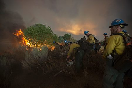 7月24日聖塔克拉瑞塔沙火（Sand Fire）現場，消防隊員在奮戰。（David McNew/Getty Images）