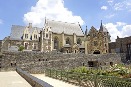 从南部城墙上俯瞰，从左至右依次为：王室寓所（Le logis royal）、礼拜堂（la chapelle）、小城堡（le châtelet）和《启示录》壁毯画廊。（维基百科公共领域）