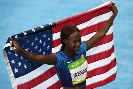 USA's Dalilah Muhammad celebrates after she won the Women's 400m Hurdles Final during the athletics event at the Rio 2016 Olympic Games at the Olympic Stadium in Rio de Janeiro on August 18, 2016. / AFP / PEDRO UGARTE (Photo credit should read PEDRO UGARTE/AFP/Getty Images)