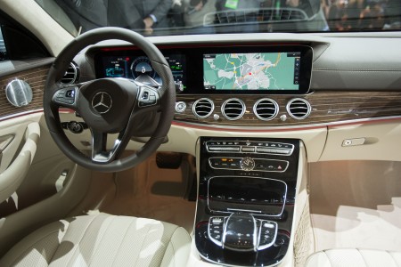 The large screens are a prominent feature in the new Mercedes-Benz E-Class sedan which the company unveiled at the 2016 North American International Auto Show in Detroit, Michigan, January 11, 2016. AFP PHOTO / GEOFF ROBINS / AFP / GEOFF ROBINS (Photo credit should read GEOFF ROBINS/AFP/Getty Images)