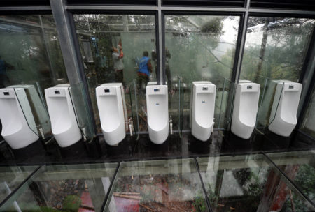 湖南的玻璃厕所，男女厕只有一面玻璃相隔，朦胧可见。 (STR/AFP/Getty Images)