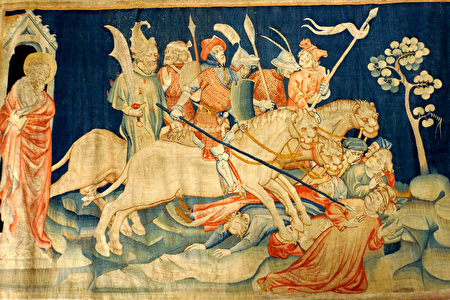 《啟示錄》壁毯的一幅，展示了「七天使吹七號」場景之第六號吹響後，出現的騎兵與馬，馬的頭好像獅子頭，有火、有煙、有硫磺，從馬的口中出來，殺了人的三分之一。（維基百科公共領域）