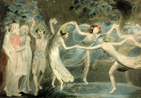 《仲夏夜之夢》奧布朗、提泰妮婭和帕克魚跳舞的仙子。（威廉•布雷克（Blake）╱維基百科）