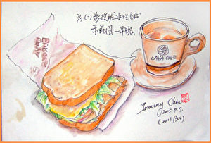 水性色鉛筆速寫 / 三明治和咖啡（圖片來源：作者 邱榮蓉 提供）