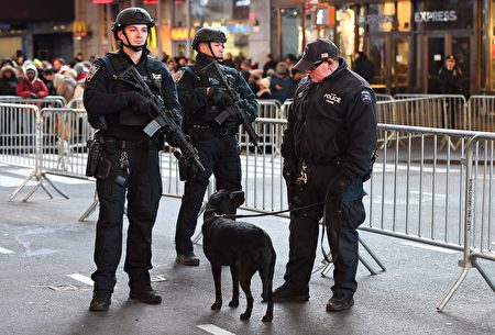 為保證世界各地來到時代廣場慶祝新年的人們的安全，紐約警方高度戒備，出動防爆警犬、鎮暴車與重型砂石卡車在現場作安全維護。(ANGELA WEISS/AFP/Getty Images)
