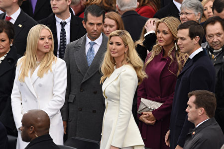Donald Trump's family members Tiffany Trump, Donald Trump Jr, Ivanka Trump, Vanessa Trump and Jared Kushner are is seen during the swearing-in ceremony for the 45th President of the USA in front of the Capitol in Washington on January 20, 2017. / AFP / Timothy A. CLARY (Photo credit should read TIMOTHY A. CLARY/AFP/Getty Images)