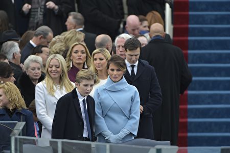 President-elect Donald Trump's wife Melania and children Barronn (C), Tiffany (L), daugther-in-law Vanessa, daughter Ivanka and son-in-law Jared Kushner are seen in the stands on the platform at the US Capitol in Washington, DC, on January 20, 2017, for Trump's swearing-in ceremony. / AFP / Mandel NGAN (Photo credit should read MANDEL NGAN/AFP/Getty Images)