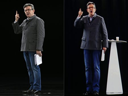 圖左為梅郎雄真人在里昂，圖右為他的投影在巴黎的會場上。 (JEAN-PHILIPPE KSIAZEK,THOMAS SAMSON/AFP/Getty Images)